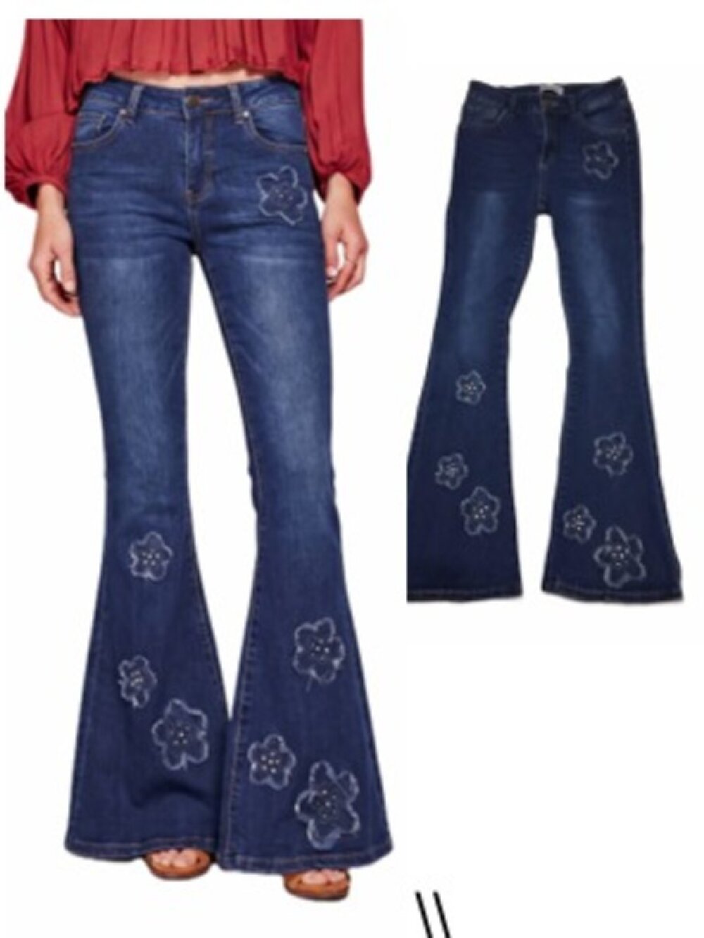 Bamboo Original Denim Jeans Dark Blue Flower Flare Jeans Size 9|